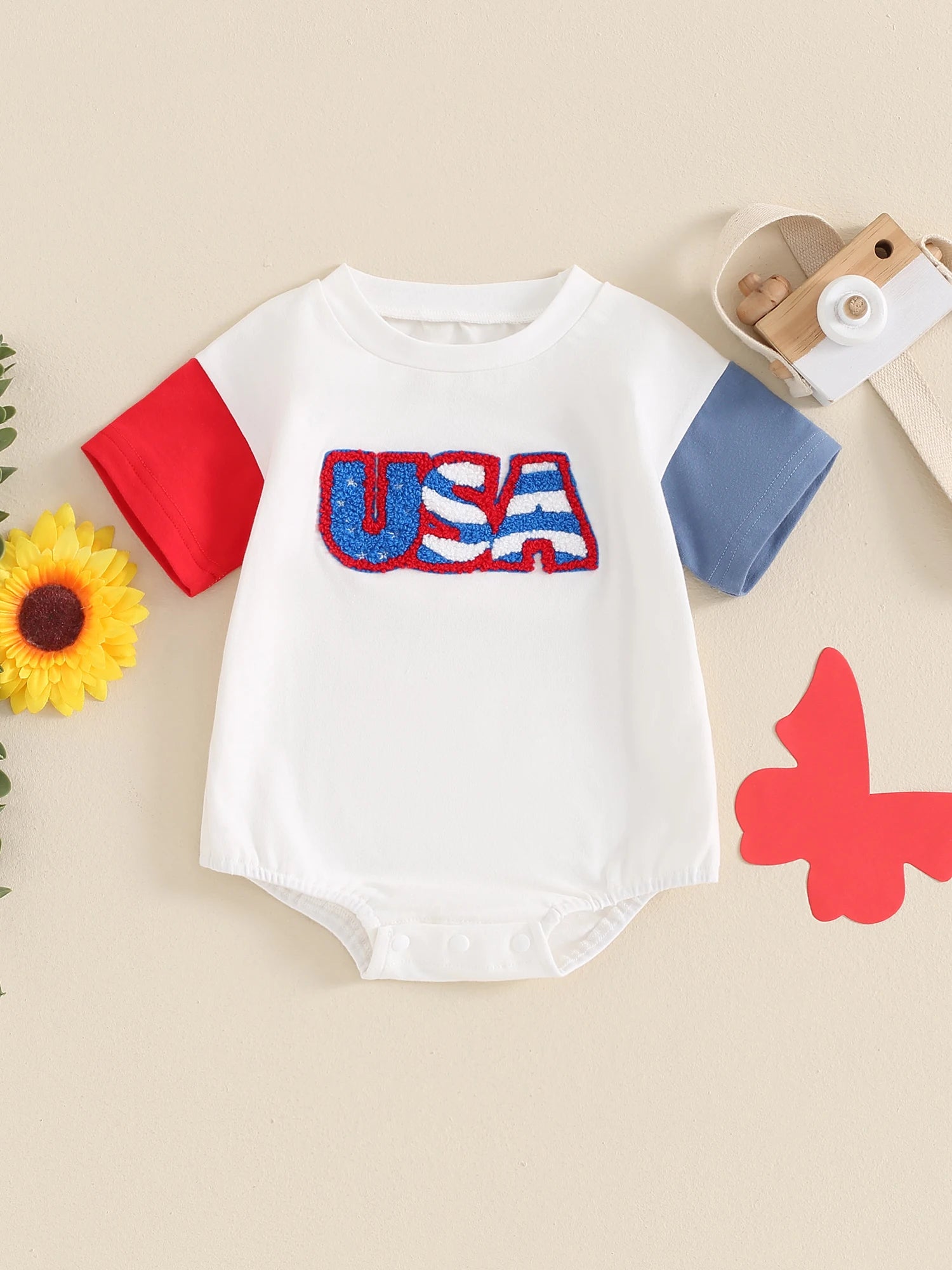 Infant Unisex Romper Sleeveless Round Neck Printed Stars and Stripes Jumpsuit for Memorial Day Celebration