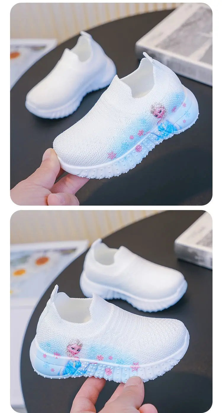 Disney Solid White Fashion Knitting Frozen Princess Elsa Children Casual Shoes Kids' Light Breathable Stretch Socks Sneakers Siz