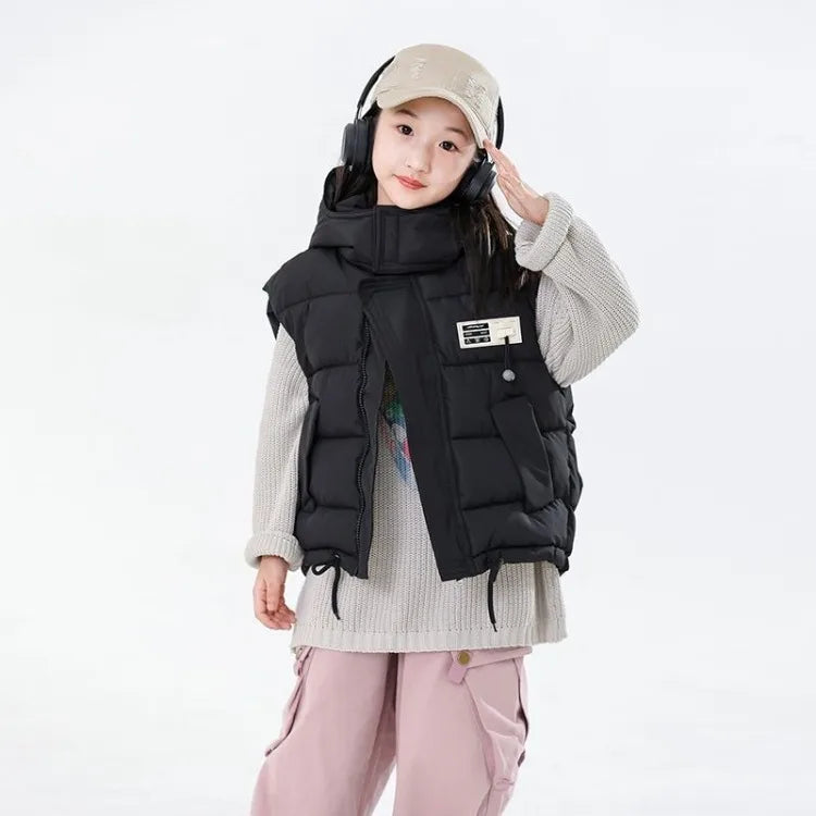 2025 Kids Puffy Windproof Quilted Sleeveless Jacket Korean Style Oversized Cargo Vest for Toddler Boys Thermal Insulated Outdoor