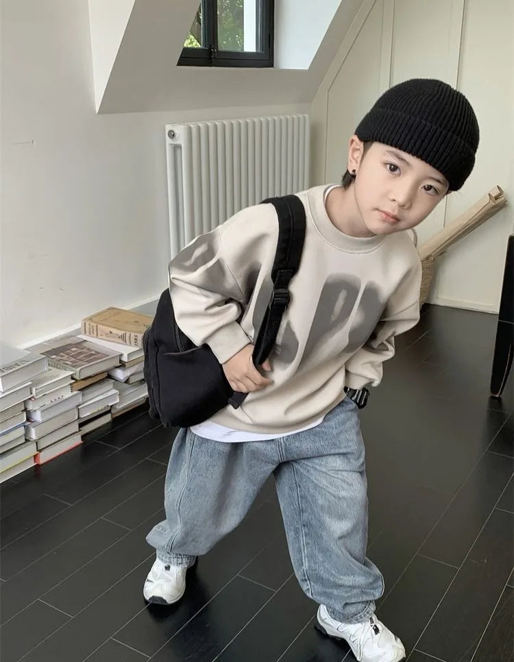 Boys' Medium To Large 2025 New Arrival No Hood Crewneck Spring/Autumn Trendy Street Style Kids Sweatshirt