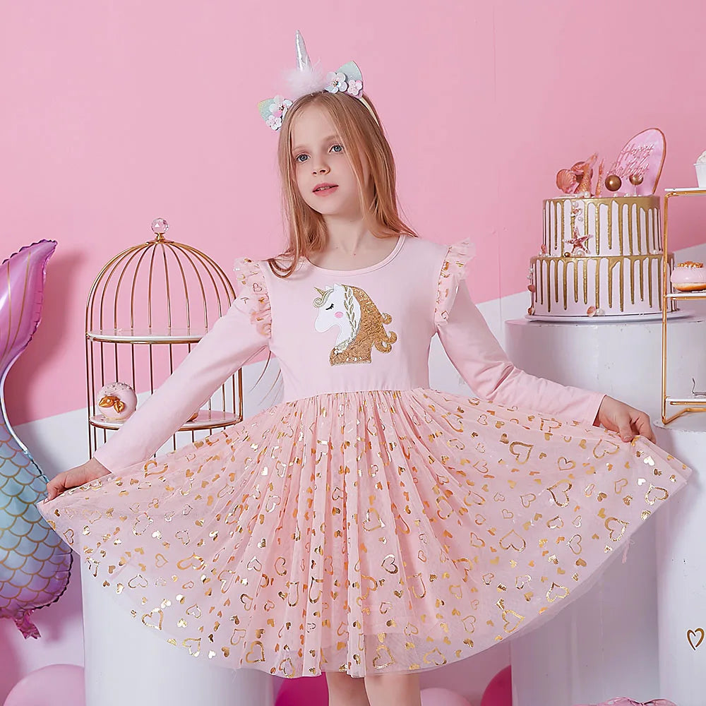 VIKITA Girls Princess Dress Unicorn Sequins Long Sleeve Autumn Dress Kids Birthday Party Wedding Tulle Dresses Children Clothing