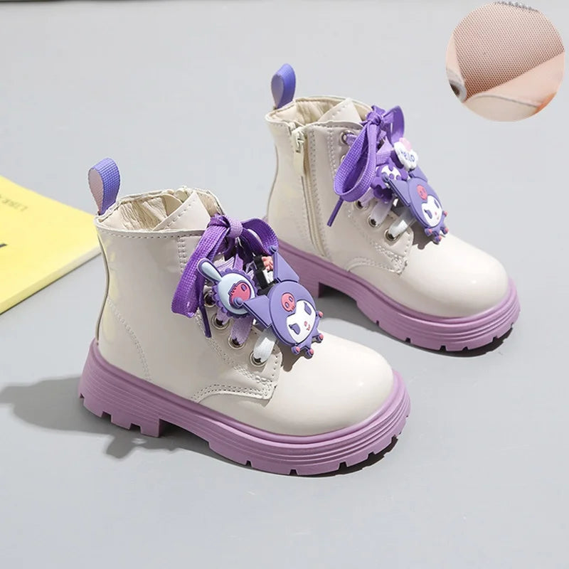 Kids'Casual Shoes Boots PU Leather Cartoon Kuromi Spring Shoes For Girls Anti-slip Lace Beige Black  Shoes Size 26-36