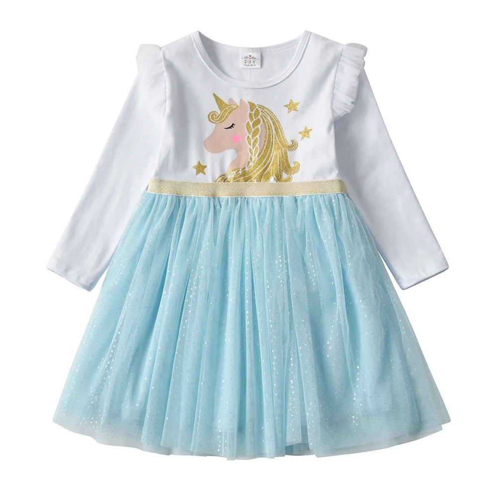 VIKITA Kids Licorne Cartoon Print Dress Girls Flare Sleeve Autumn Spring Winter Vestidos Girls Princess Mesh Tulle Party Dress