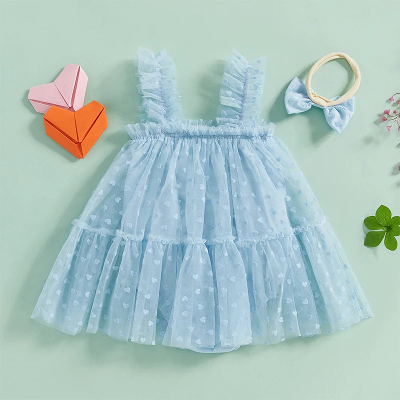 Toddler Girls Floral Print Ruffle Sleeve Romper Dress with Matching Headband Set for Summer Beach Outfit