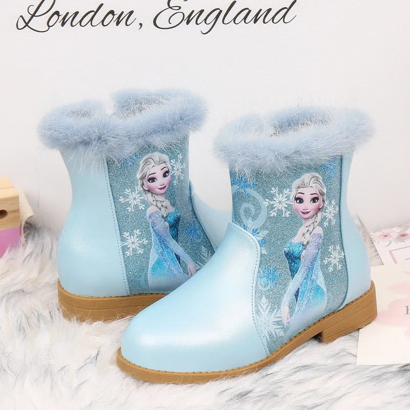 Disney Girls' Boots Winter Fashion Frozen Elsa Princess Children's Short Girls' Cotton Fur Ankle Boots Girls' Pink Shoes Size 25