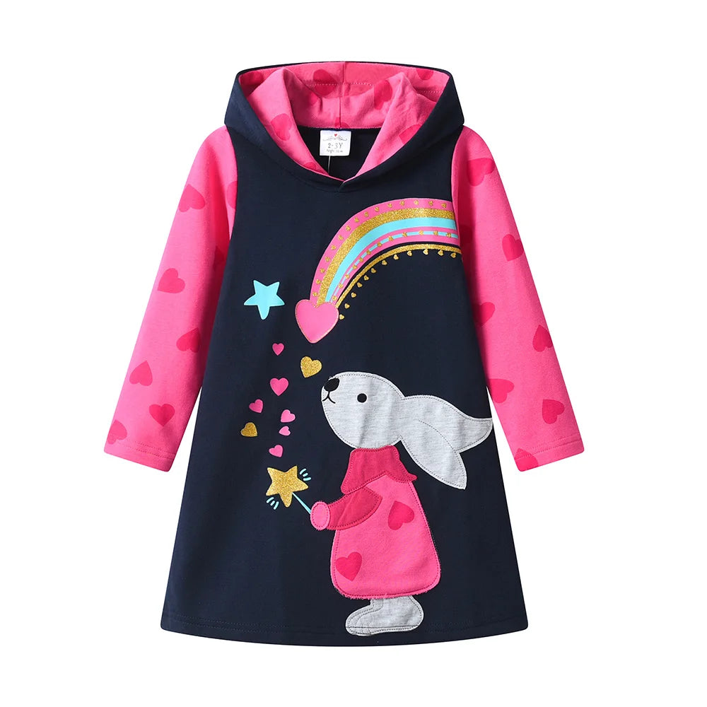 VIKITA Kids Autumn Winter Thick Hoodies Dress for Girl Rabbit Rainbow Appliqued Straight Dresses Kids Heart Design Cotton Dress