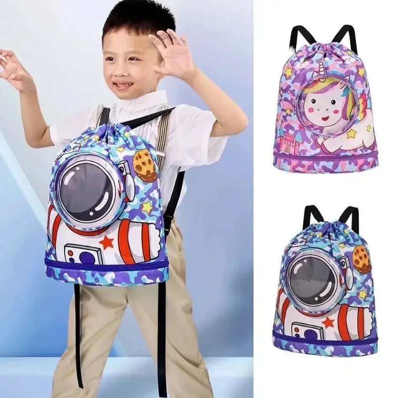 Kids Swim Beach Bag Drawstring Backpack with Shoe Compartment Cartoon Pool Bag for for Wet Swimming Sport Travel Boys Girls