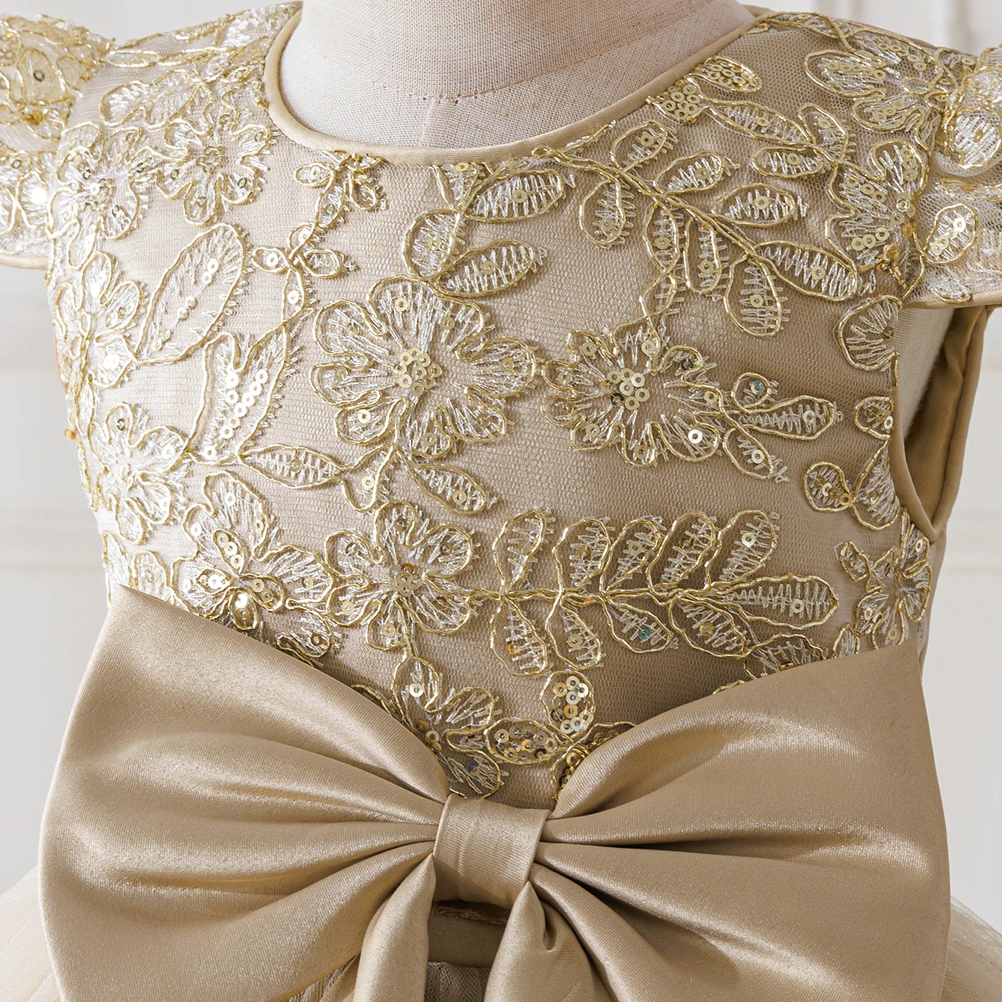 Elegant Embroidery Bow Bridesmaid Party Girls Dress Trailing Flower Wedding Birthday Princess Dresses Girl Evening Prom Vestidos