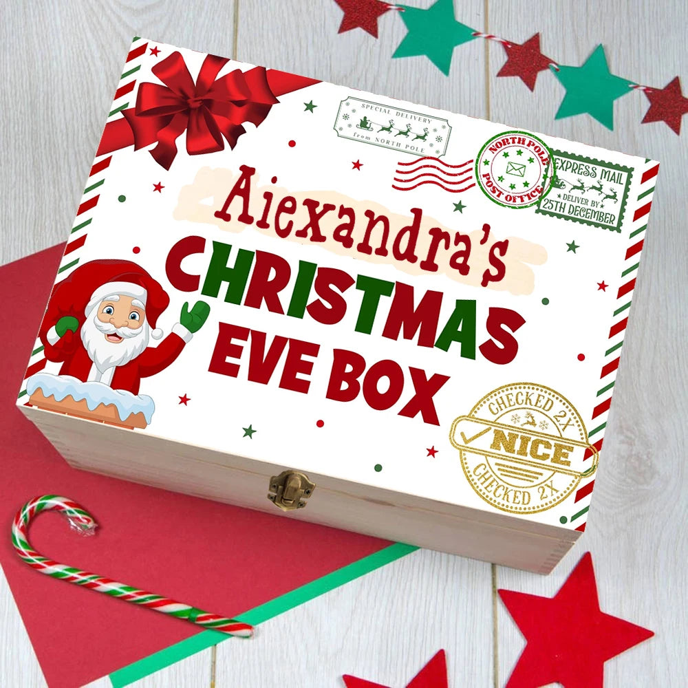 Personalized Christmas Eve Box Custom Xmas Gift Wood Box Boys Girls Cute Christmas Present Box Kids Santa Holiday Gifts Box