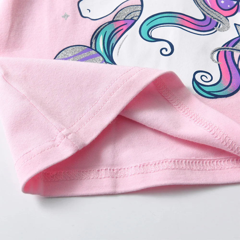 VIKITA Girls Clothing Sets for Summer Kids Unicorn Cartoon Print Short Sleeve Cotton T Shirt and Ruffles Shorts Pants 2 Pcs Suit
