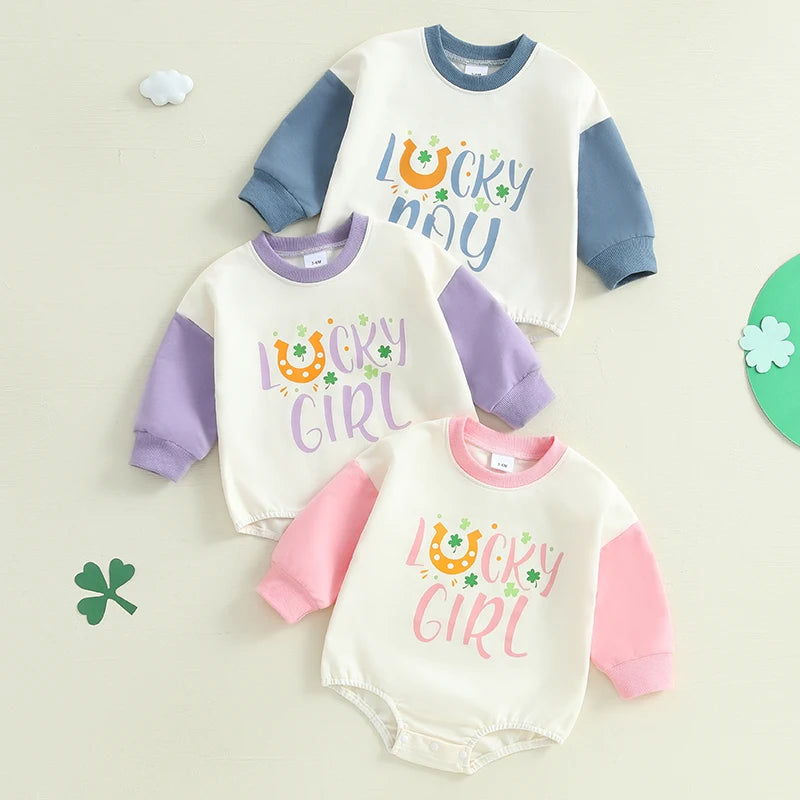 St Patrick s Day Toddler Jumpsuit Green Clover Print  Outfit Baby Romper Long Sleeve Crew Neck Bodysuit