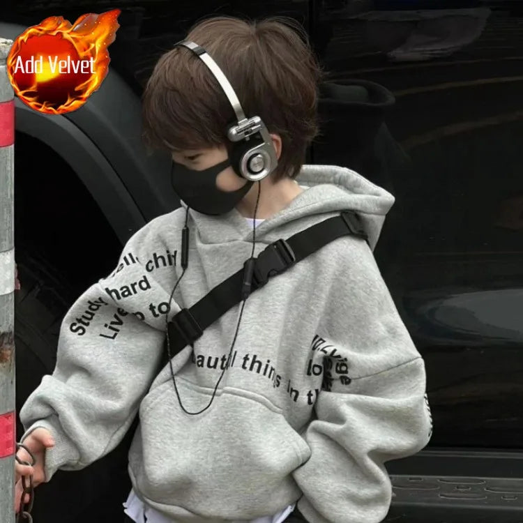 Autumn Winter Kids' Mid-Small Edgy Fleece-Lined Letter Print Hooded Hoodie - Warm Korean-Style Baby To Big Kids Top