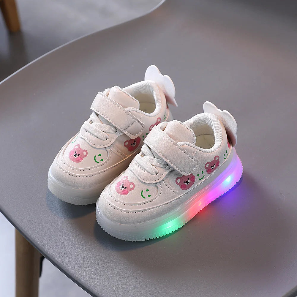 Disney LED Casual Sneakers For Spring Outdoor Cartoon Shoes Children Lighted Non-slip PU Leather Bear White Shoes Size 21-30