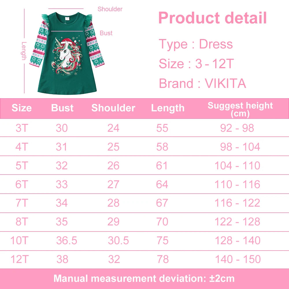 VIKITA Christmas Unicorn Snowflake Print Dress for Girls Kids Green Cotton Festival Xmas New Year Party Dresses Gift Costumes