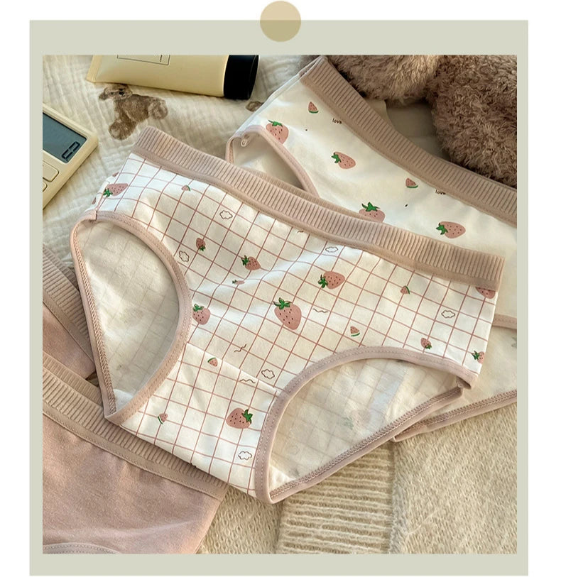 5PCS Kids Girls Cotton Soft Antibacterial Briefs Baby Cute Strawberry Print Panties 2+y Young Children Thin Breathable Underwear