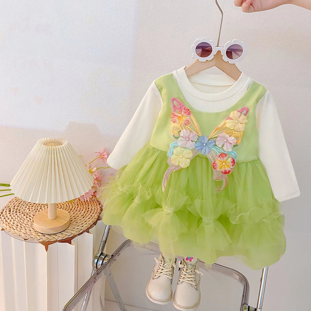 Spring And Autumn New Baby Girl Princess Dress, Sweet Flower Butterfly Children'S Long Sleeve Clothes For Babies Aged 0-3 Years