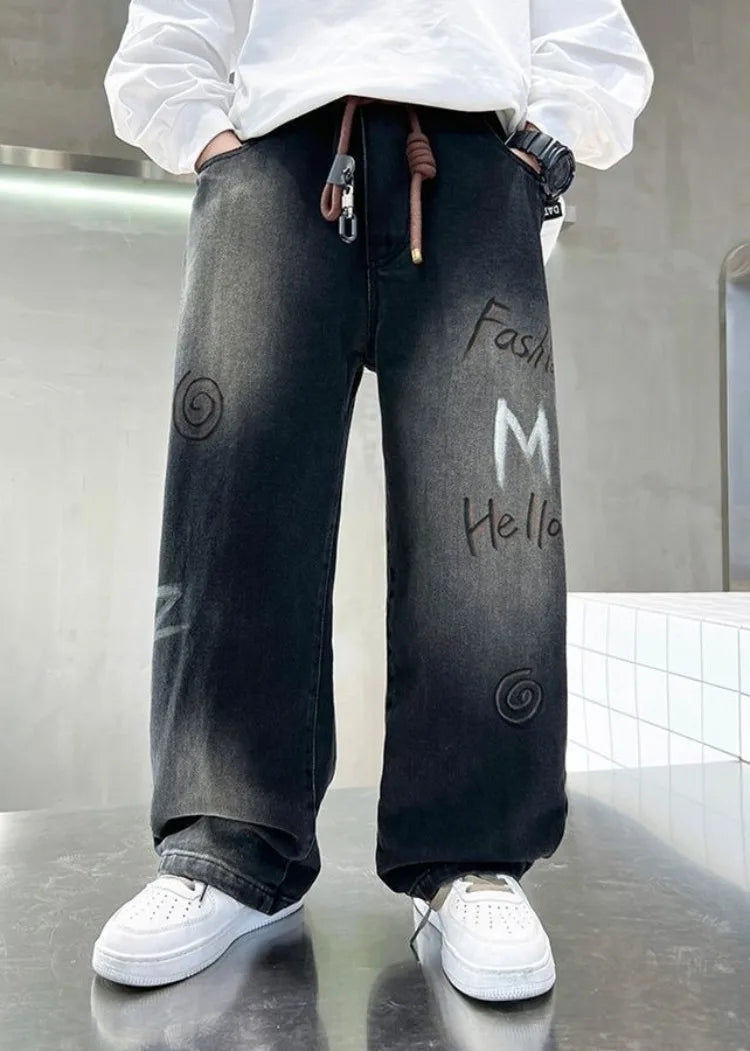 Boys' Trendy Streetwear Jeans for Spring/Fall - Loose Fit Straight-Leg Wide-Leg Denim Pants for Boys 8-14