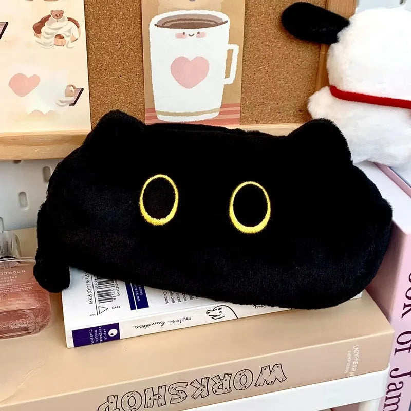 Pen Bag Large Capacity Cute Black Cat Plush Cartoon Stationery Pencil Case Cute Storage Bag Supplies Student Back To School Gift