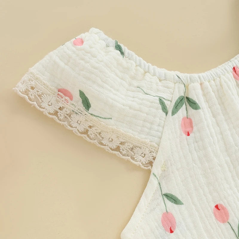 Toddler Girl Sleeveless Romper with Floral Print and Lace Detail Round Neck Jumpsuit for Summer Cute Bubble Bodysuit