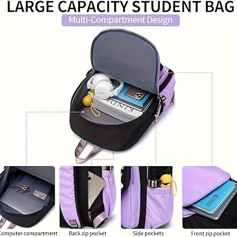 Large Capacity Schoolbag with Cute Plush Pendant Cute Girls Backpack Waterproof Nylon Fabric Bookbag for Kids Teens Students