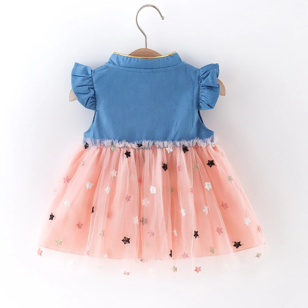 (Girls 0-3 Years Old)New Summer Girls Dress Small Flying Sleeve Bow Cowboy Work Pompous Past Polka Dot Color Sweet Princess Dres