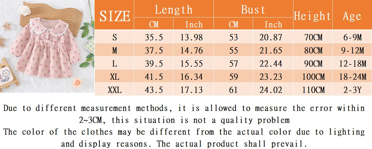 0-3 Year Old Baby Girl Dress, Spring And Autumn New Sweet Bow Cherry Long Sleeved Children'S Clothing