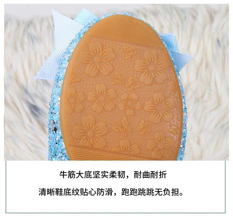 Disney Elsa Girls' High Heel Bowknot Blue Pink Fashion Children's Girl Crystal Princess Warm Winter Shoes Gift Size 23-36