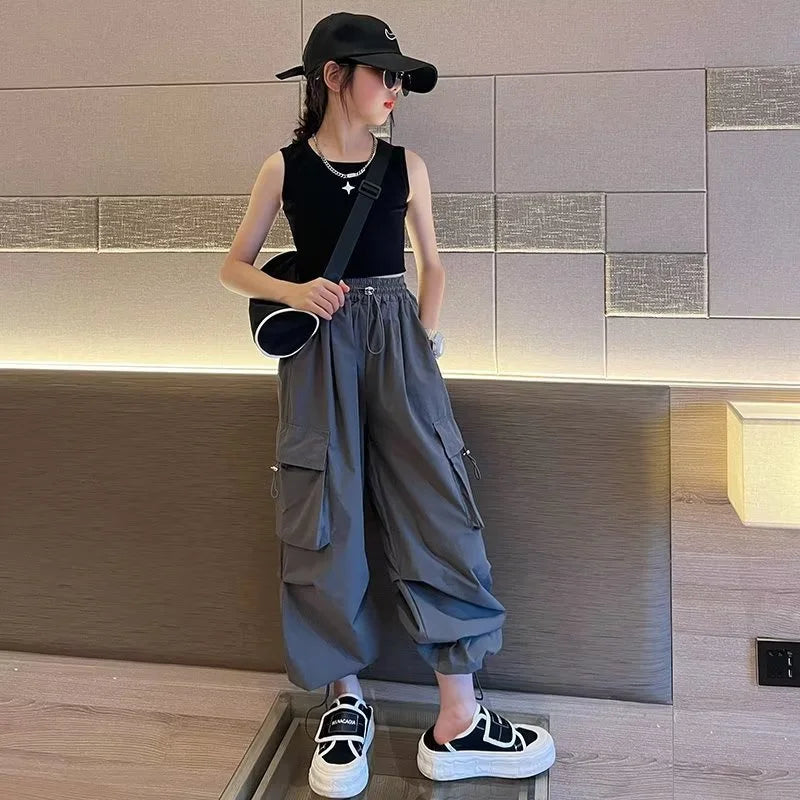 Girls' High Waist Straight Trousers Kids Fashion Hip Hop Joggers Cargo Pants Children Cool Spring Autumn Drawstring Sweatpants