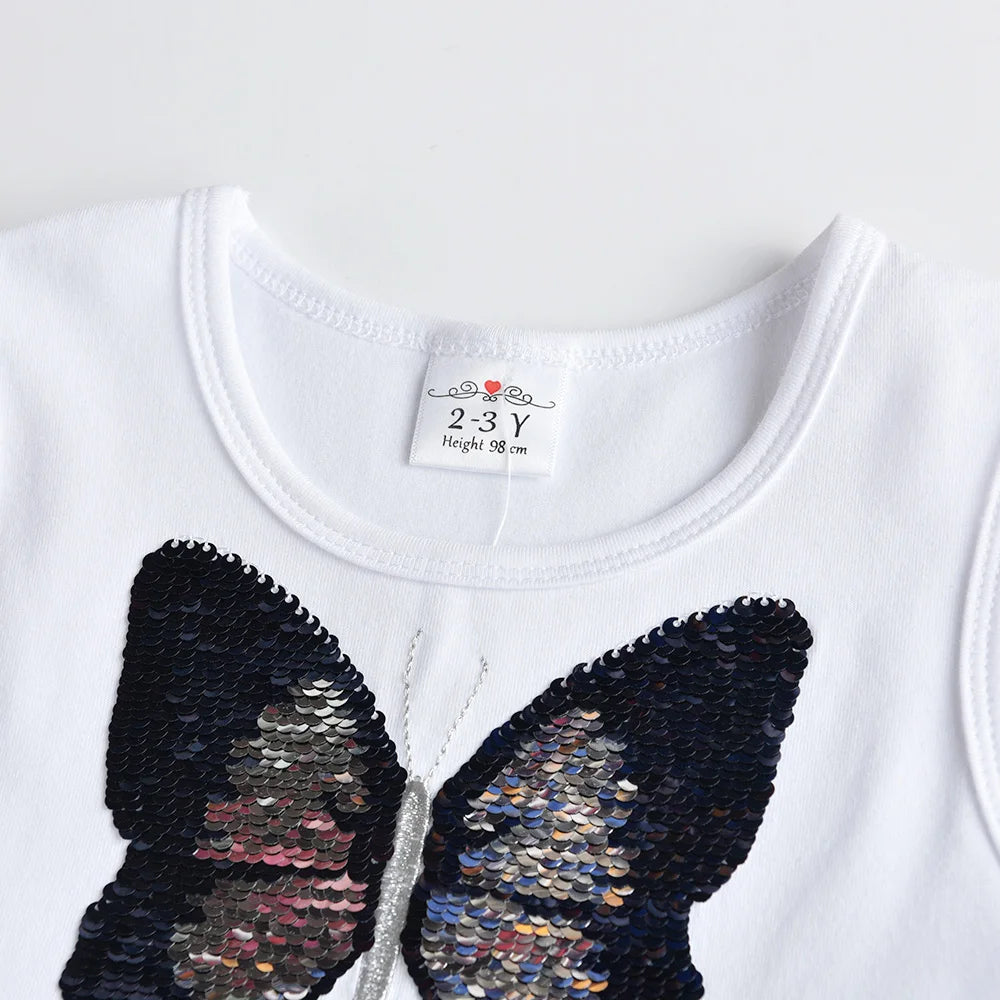 VIKITA Girls Sleeveless Summer Dress Kids Butterfly Sequined Appliqued Princess Party Dress Girls Star Birthday Mesh Dresses