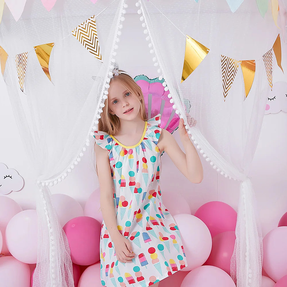 VIKITA Girls Camisole Sling Suspenders Sleeveless Summer Dress Kids Ice Cream Print Flare Sleeve Dresses Children Clothing