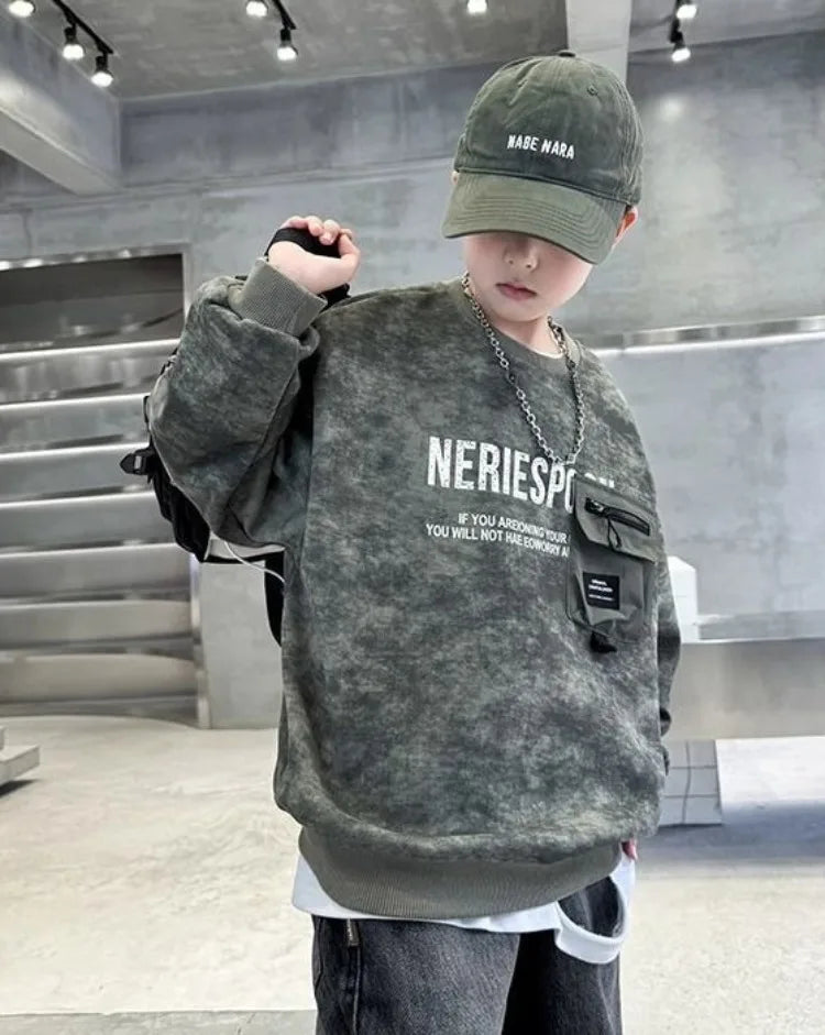 Boys' Middle/Big Kids 2025 New Spring/Autumn Long Sleeve Korean Style Edgy Loose Fit Sweatshirt Tops