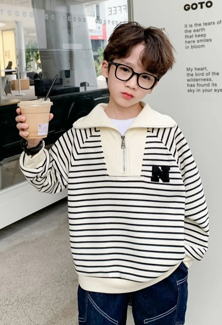 Boys' Medium-Large 2025 Spring/Autumn Korean Style Large Collar Black & White Striped No Hood Sweatshirt
