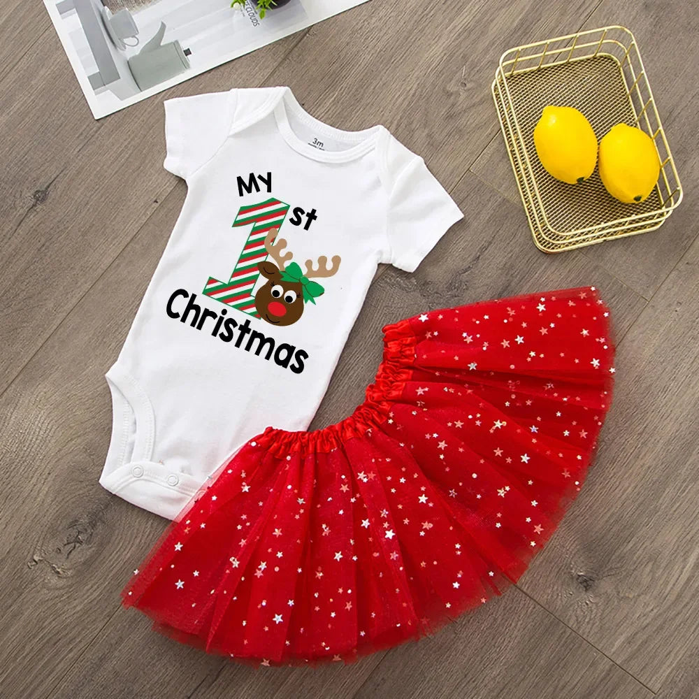 My First Christmas Newborn Girl Red Romper Jumpsuit Baby Girl Casual Short Sleeve Toddler Cake Dresses Christmas Best Gifts