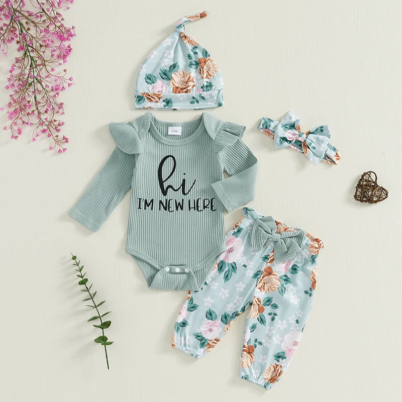 Baby Girls 4 Piece Outfit Letter Print Long Sleeves Romper and Floral Print Pants Headband Hat Set Cute Clothes