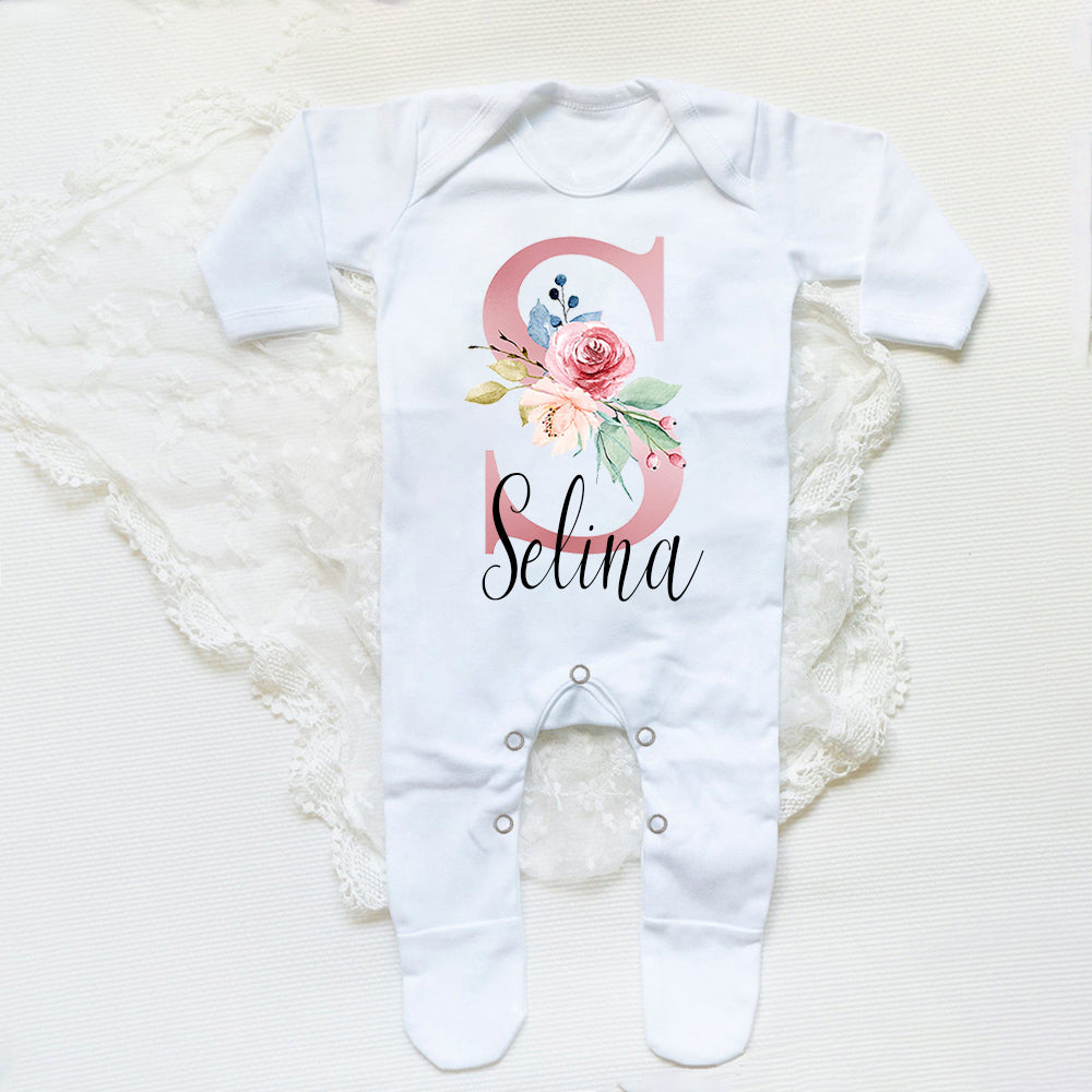 Personalised Babygrow Sleepsuit Flower Initial Infant Romper Baby Coming Home Outfit Newbron Shower Gift Baby Girls Sleepsuit