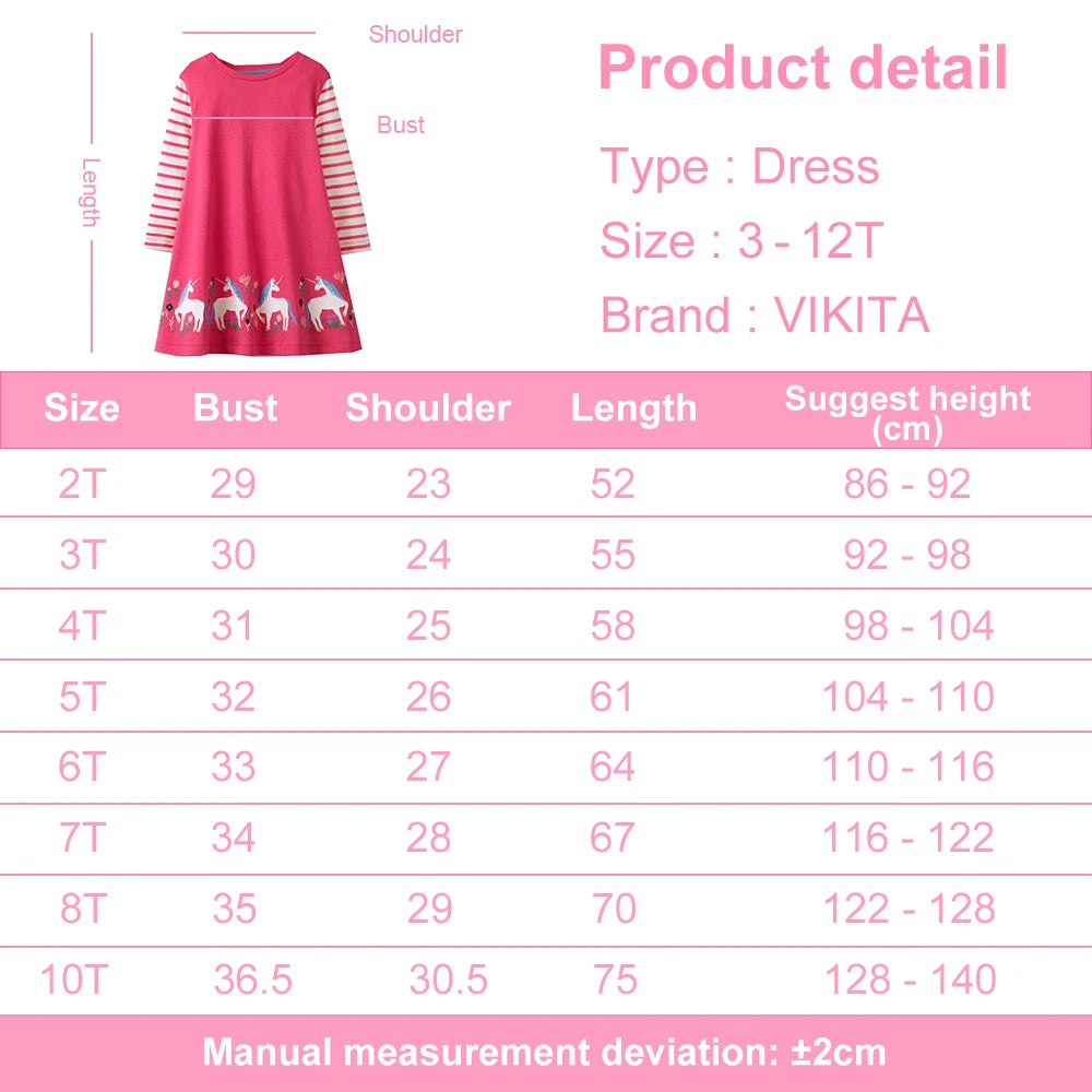 VIKITA Teenagers Straight Dress Kids Cotton Casual Daily School Vestidos Kids Fashion Cute Striped Unicorn Appliqued Pink Dress