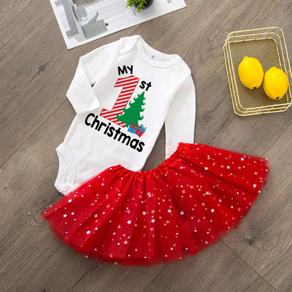 My 1St Christmas Baby Bodysuit Cake Dresses Set Infant Girls Long Sleeve Playsuit Tutu Skirts Clothes Toddler Xmas Party Outfits