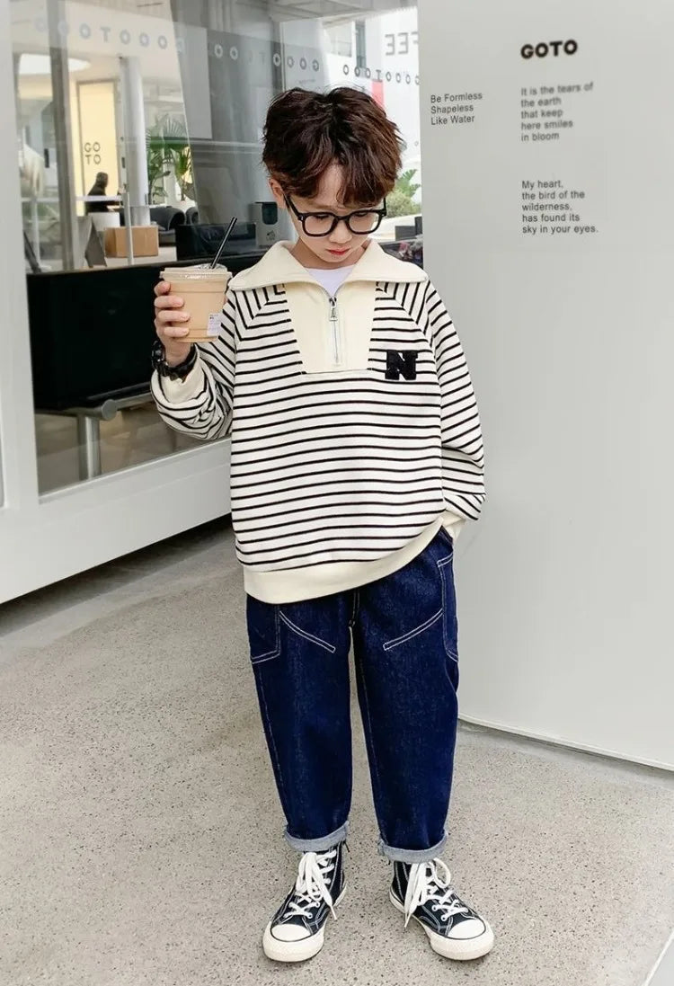 Boys' Medium-Large 2025 Spring/Autumn Korean Style Large Collar Black & White Striped No Hood Sweatshirt