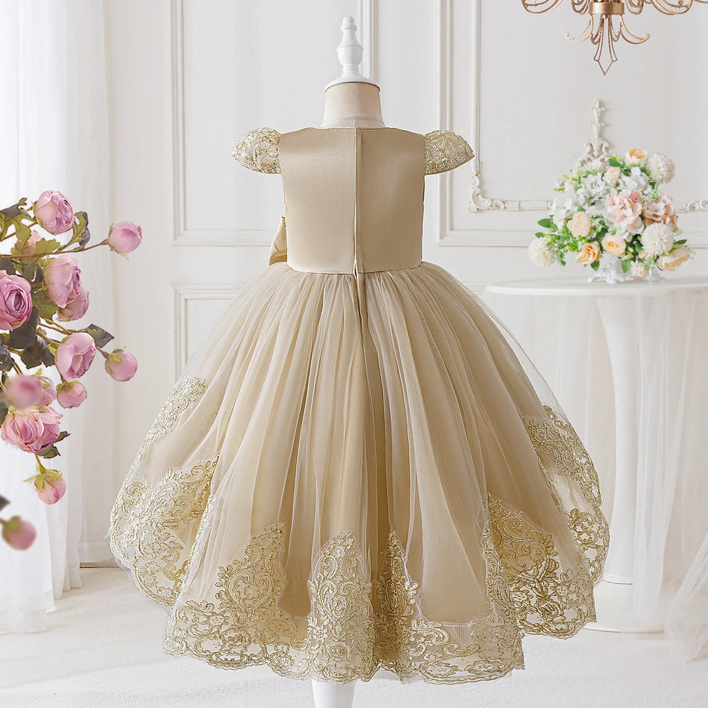 Elegant Embroidery Bow Bridesmaid Party Girls Dress Trailing Flower Wedding Birthday Princess Dresses Girl Evening Prom Vestidos