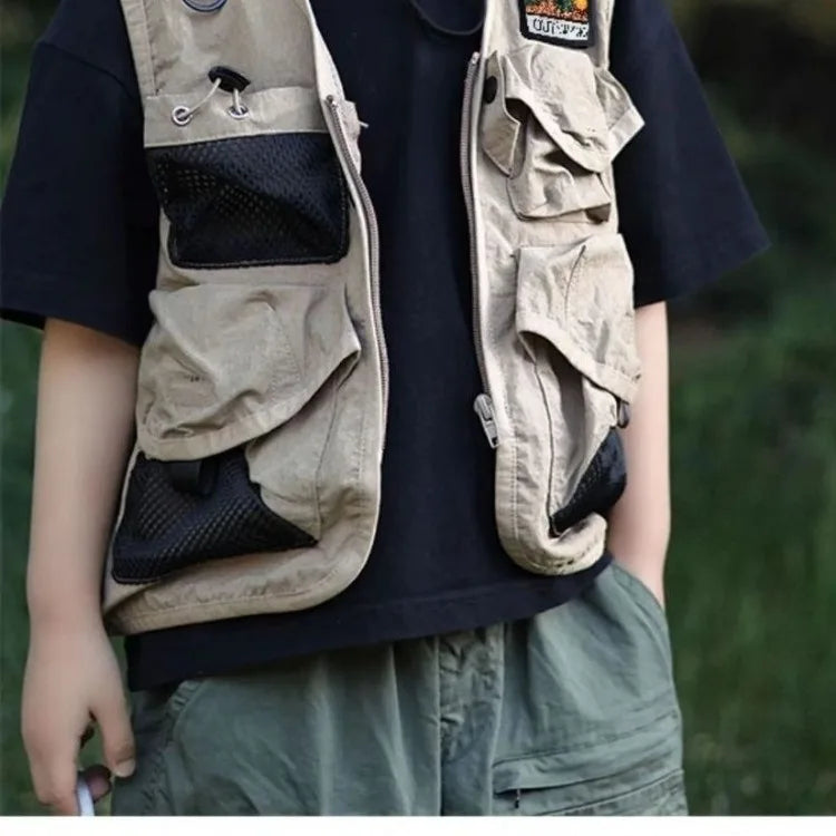 2025 New Autumn Outdoor Tactical Vest for Kids Boys Girls Olive Green Kids Cargo Vest Lightweight Waterproof Hiking Jacket