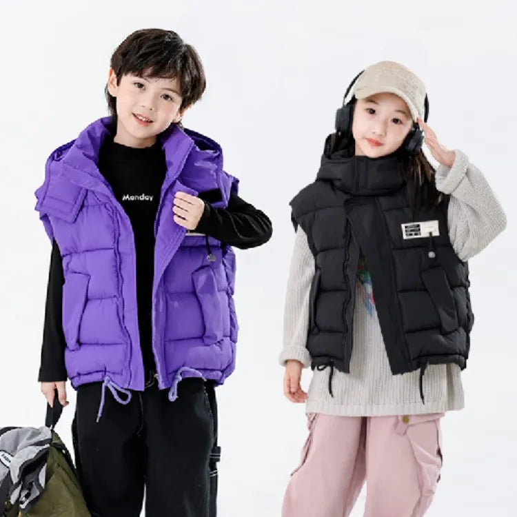 2025 Kids Puffy Windproof Quilted Sleeveless Jacket Korean Style Oversized Cargo Vest for Toddler Boys Thermal Insulated Outdoor