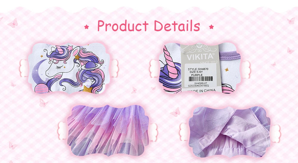 VIKITA Summer Kids Dresses Flying Sleeve Unicorn Children Dress Cartoon Print Tutu Girls Dress  Baby Irregular Party Clothing