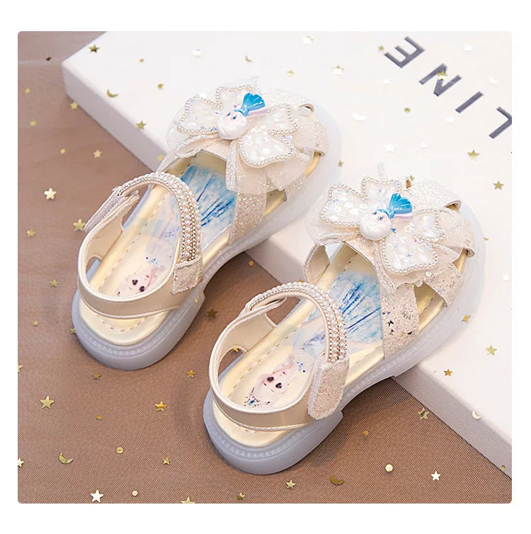 Kids'Sandalsl Led Light Elsa Princess Frozen PU Leather Sequin Pearl Summer Shoes Anti-slip Breathable Pink Blue Size 22-32