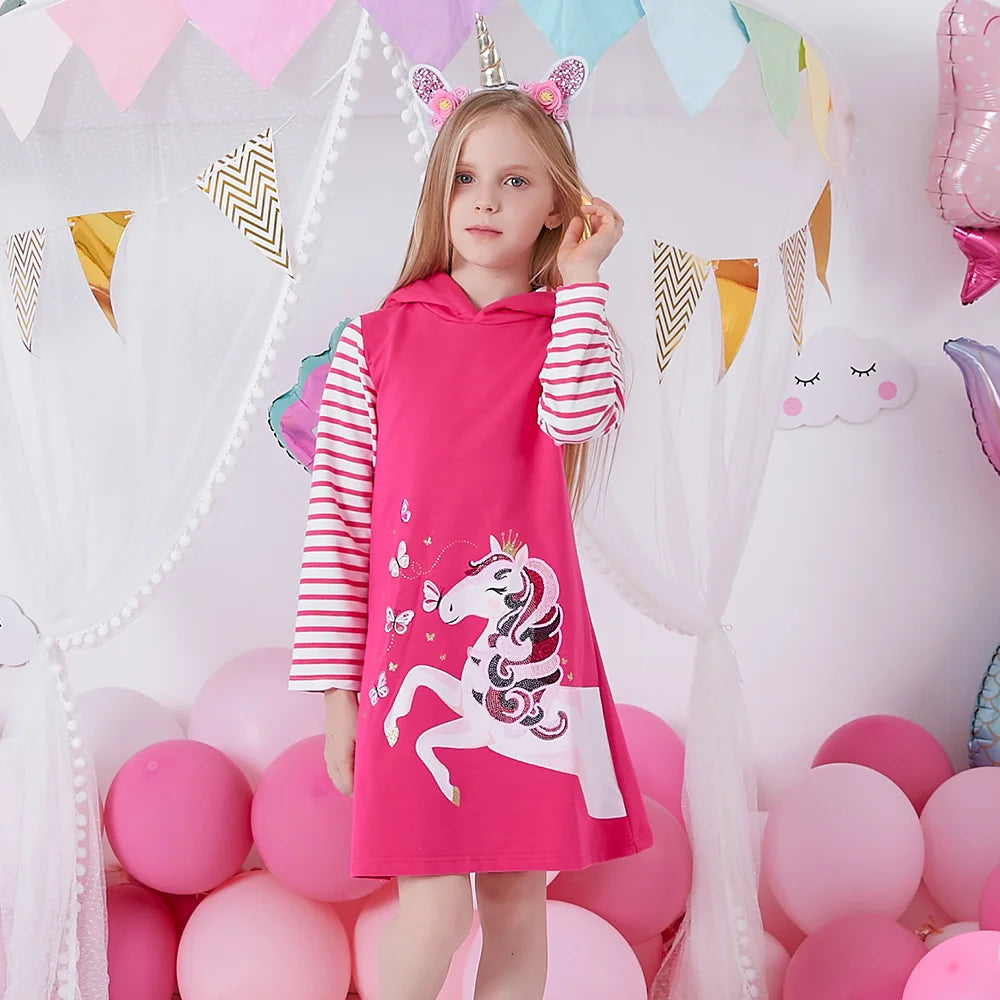 VIKITA Kids Cotton Casual Street Fashion Dress Girls Licorne Butterfly Sequined Appliqued Hooded Dresses Kids Cute Pink Dress