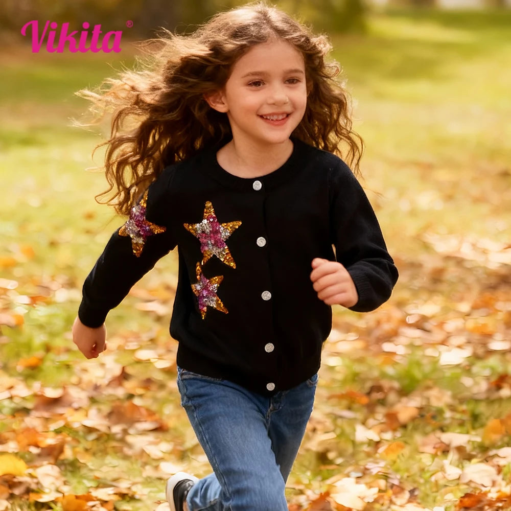 Toddlers Black Cardigans Girls Round Neck Button Spring Autumn Outfits Sweaters with Sparkly Sequined Star Appliqued Cardigans