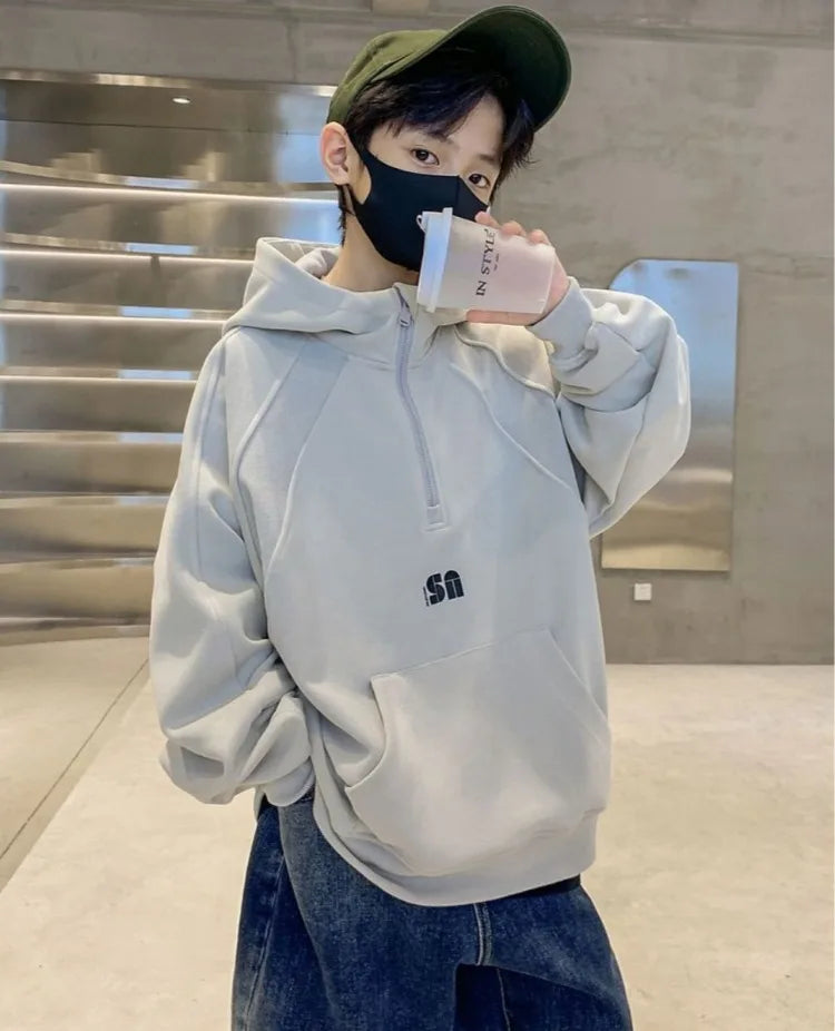 2025 New Boys' Mid-Large Spring-Autumn & Autumn-Winter Fleece-Lined Thickened Hooded Hoodie - Trendy Streetwear Boys' Top