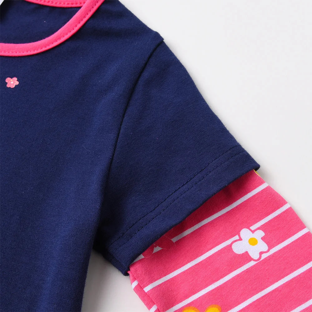 VIKITA Girls Casual Cute Long Sleeve Cotton T Shirt O Neck Squirrel Floral Print Navy Blue Tops Cotton Daily Wear Kids Clothing