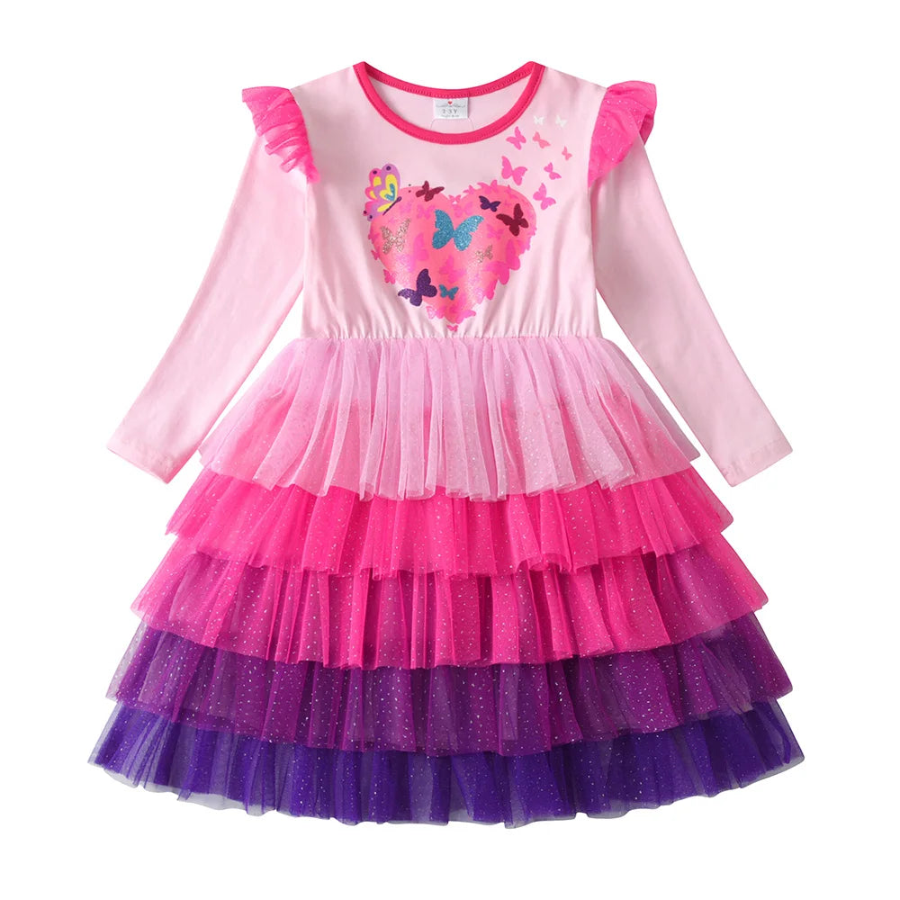 VIKITA Girls Heart Design Butterfly Print Dress Kids Pink Dresses Girls Autumn Spring Long Sleeve Mesh Tulle Layered Vestidos