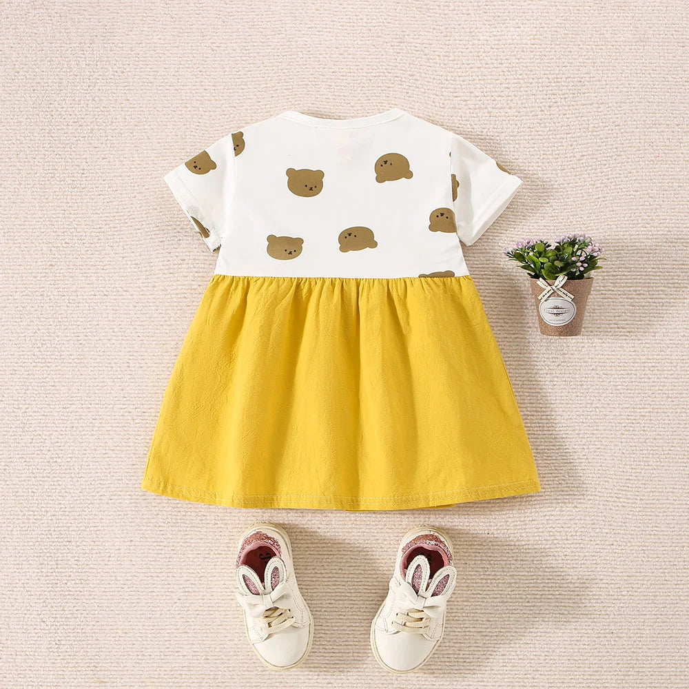 (6-24 Months) Summer New Small Bear Short Sleeved Baby Girl Dress, Fake Two Children'S Clothes