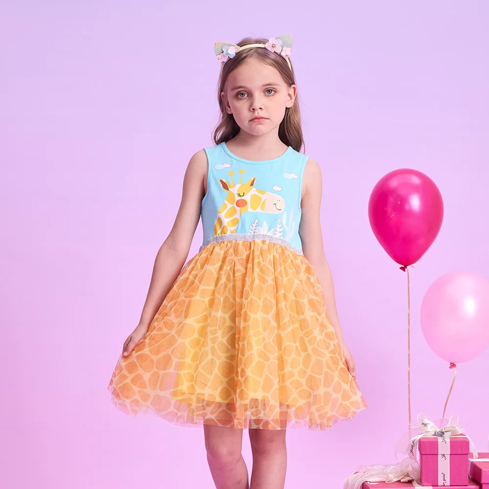 VIKITA Girls Sleeveless Summer Patchwork Dress Kids Giraffe Cartoon Print Infantil Vestidos Kids Mesh Tulle Party Casual Dresses